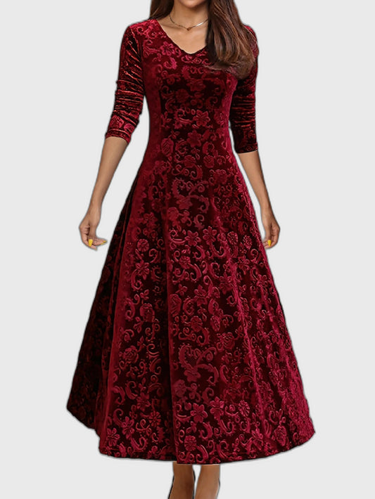 A-Line Fitted Flared Midi Dress with V-Neck for Women