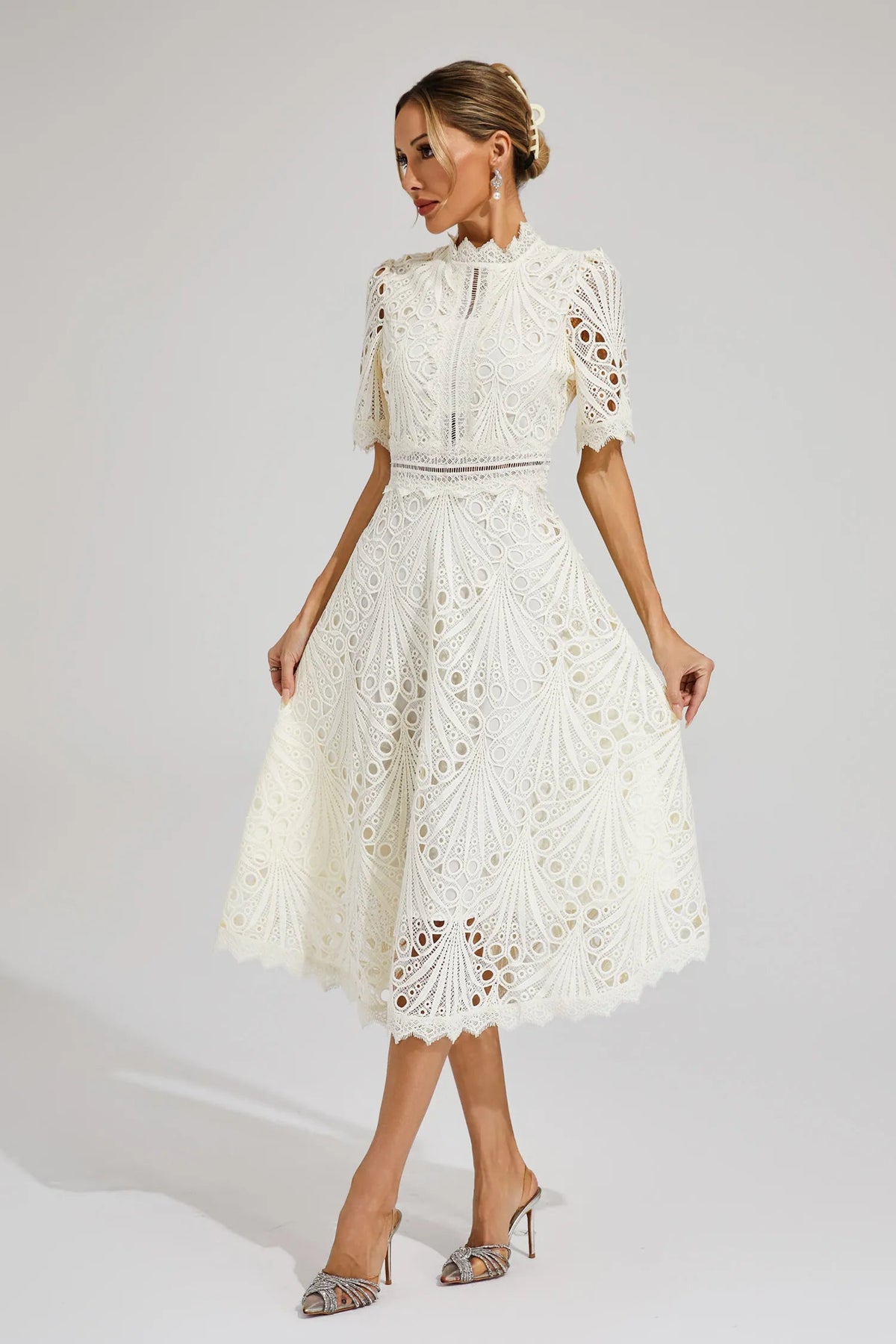 Lace Fitted Flared Midi Dress for Women