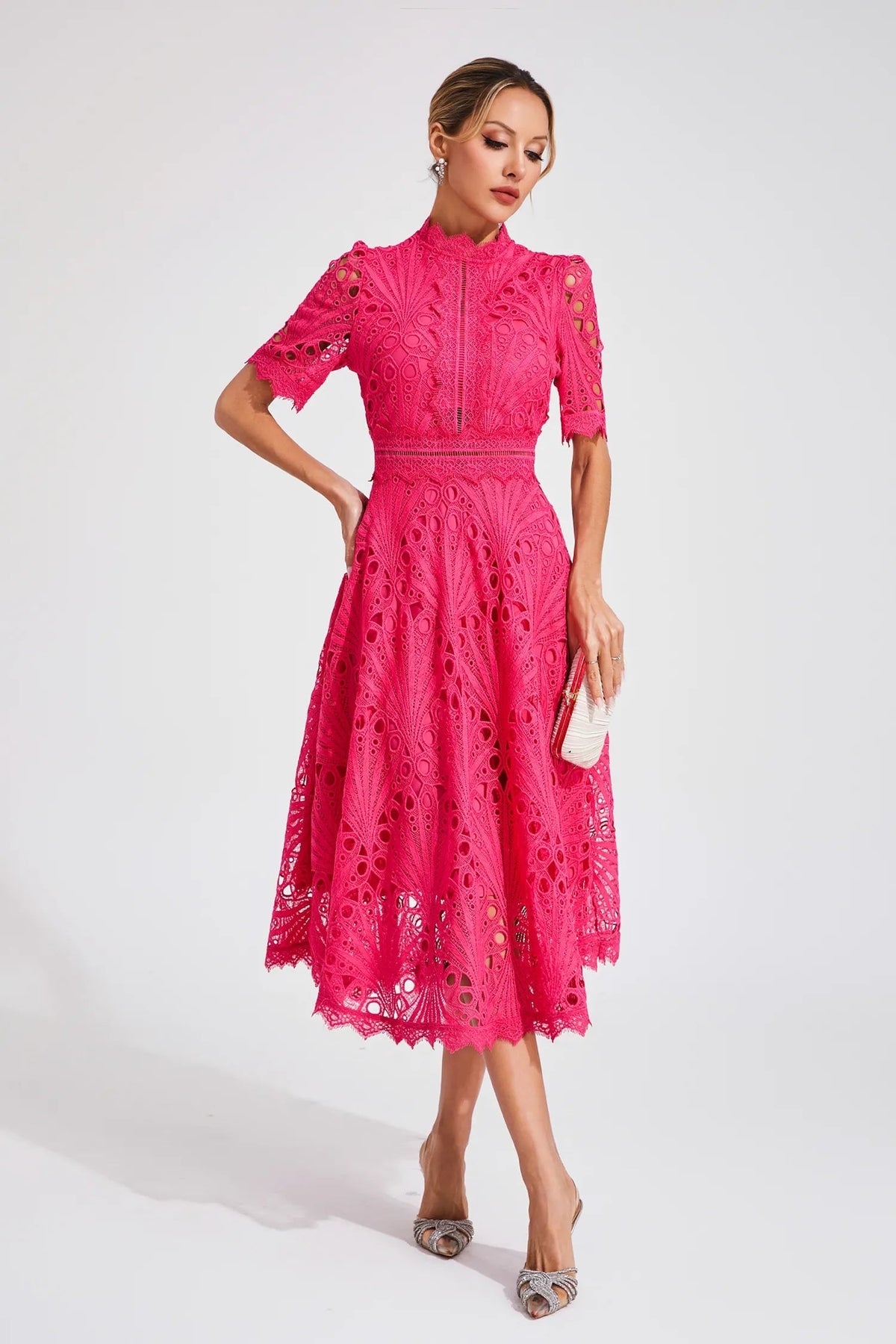 Lace Fitted Flared Midi Dress for Women