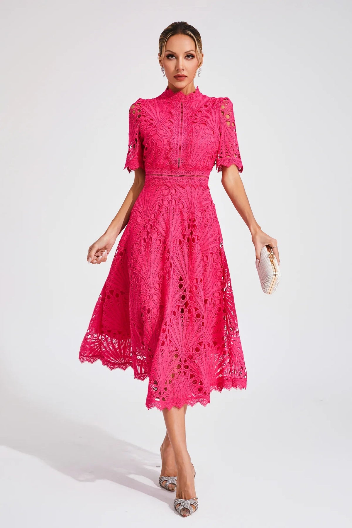 Lace Fitted Flared Midi Dress for Women