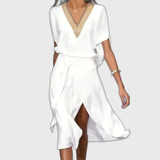 Relaxed Fit Summer Midi Dress with V-Neck and Short Sleeve for Women