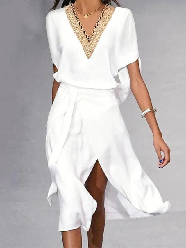 Relaxed Fit Summer Midi Dress with V-Neck and Short Sleeve for Women