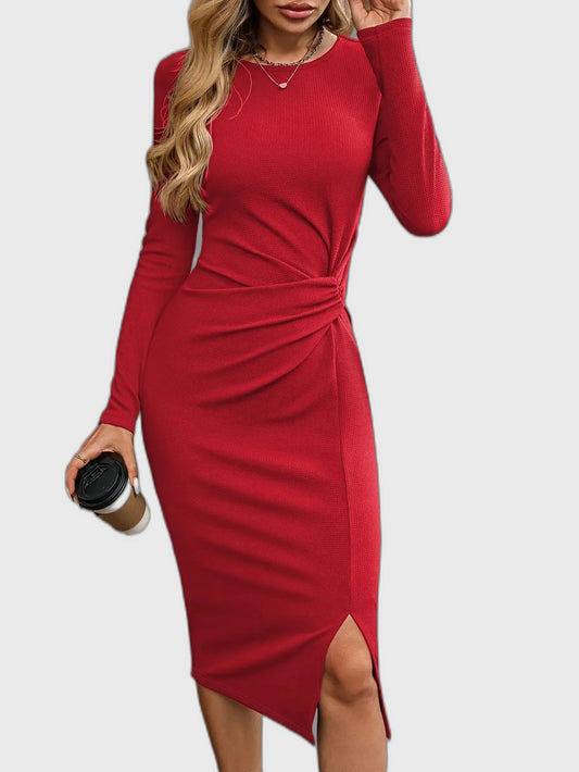 Ruched Fitted Midi Dress with Asymmetric for Women