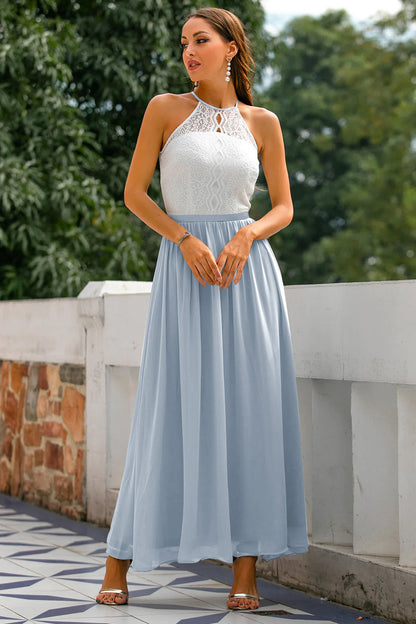 Flowing Fitted Full-Length Maxi Dress with Halter Neck for Women