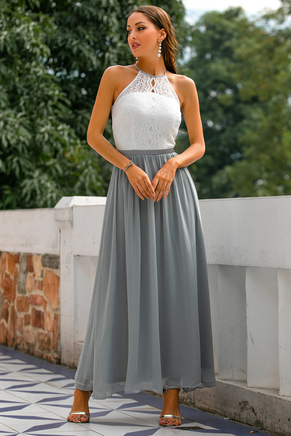 Flowing Fitted Full-Length Maxi Dress with Halter Neck for Women