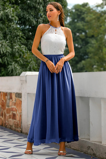 Flowing Fitted Full-Length Maxi Dress with Halter Neck for Women