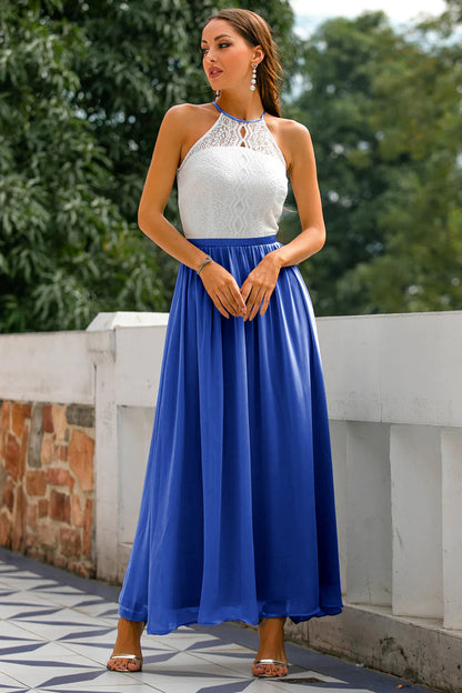 Flowing Fitted Full-Length Maxi Dress with Halter Neck for Women