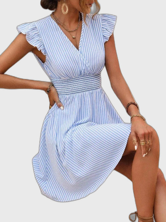 Striped Relaxed Fit Midi Dress with Flutter Sleeve for Women