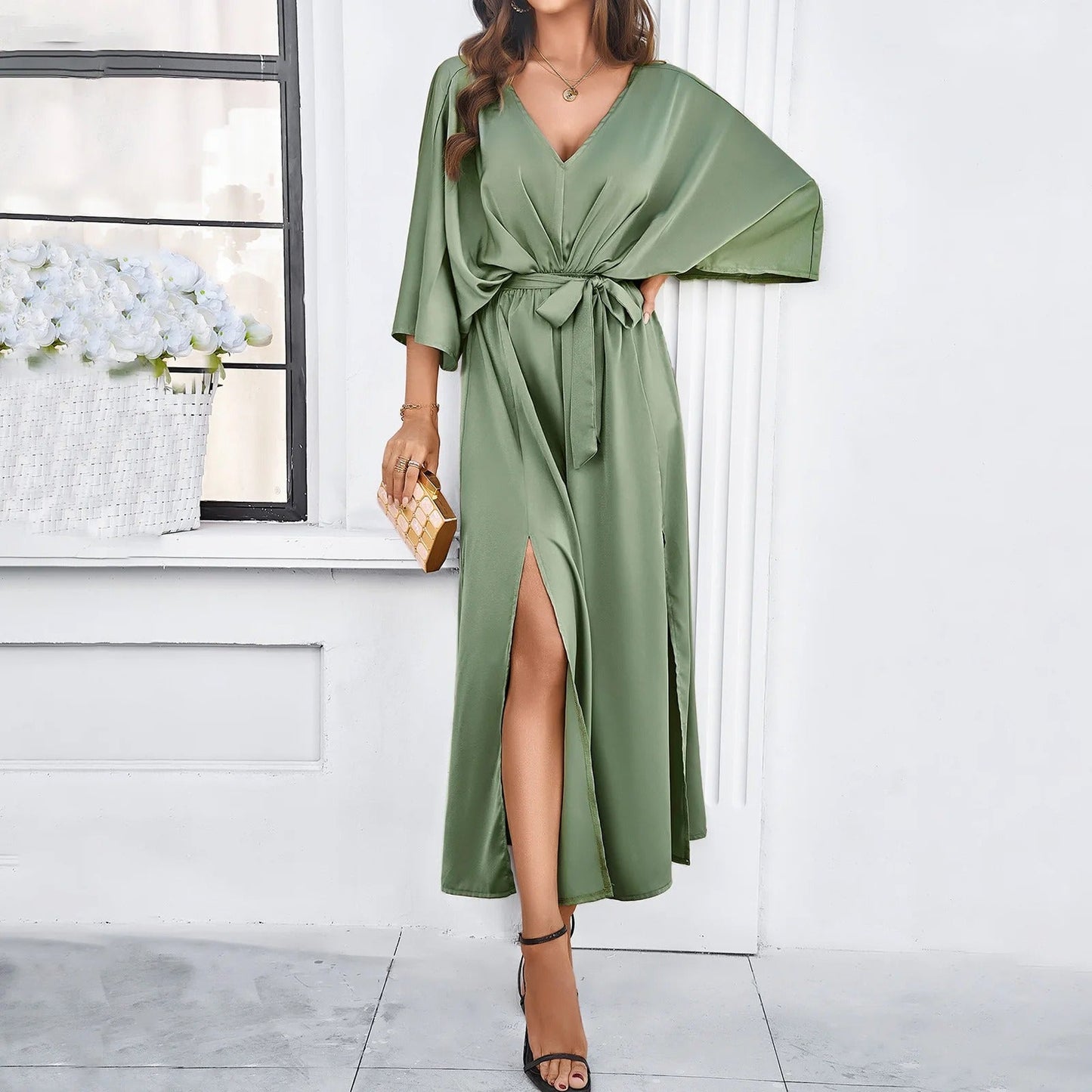 V-Neck Midi Dress for Women