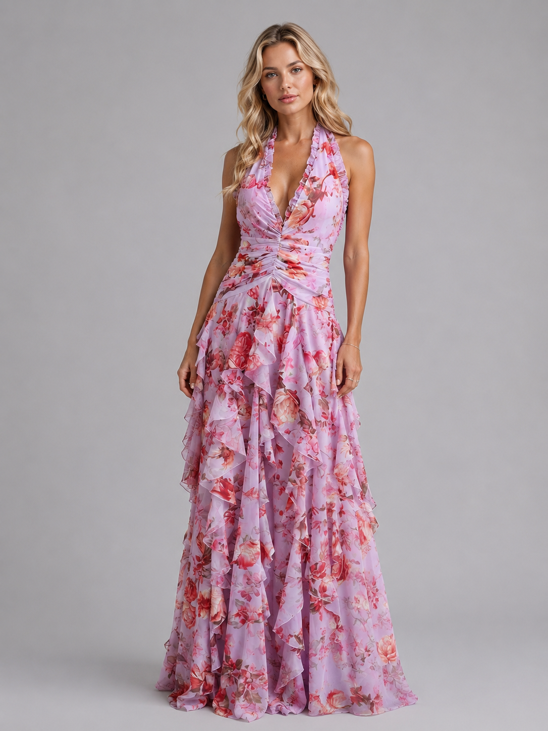 Halter Maxi Dress with Floral Print
