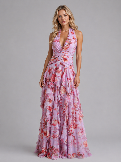 Halter Maxi Dress with Floral Print