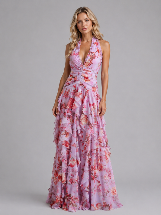 Halter Maxi Dress with Floral Print