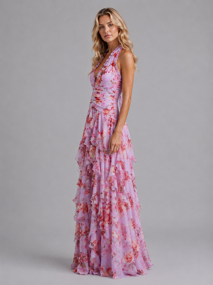 Halter Maxi Dress with Floral Print