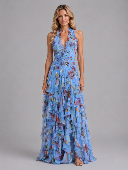 Halter Maxi Dress with Floral Print