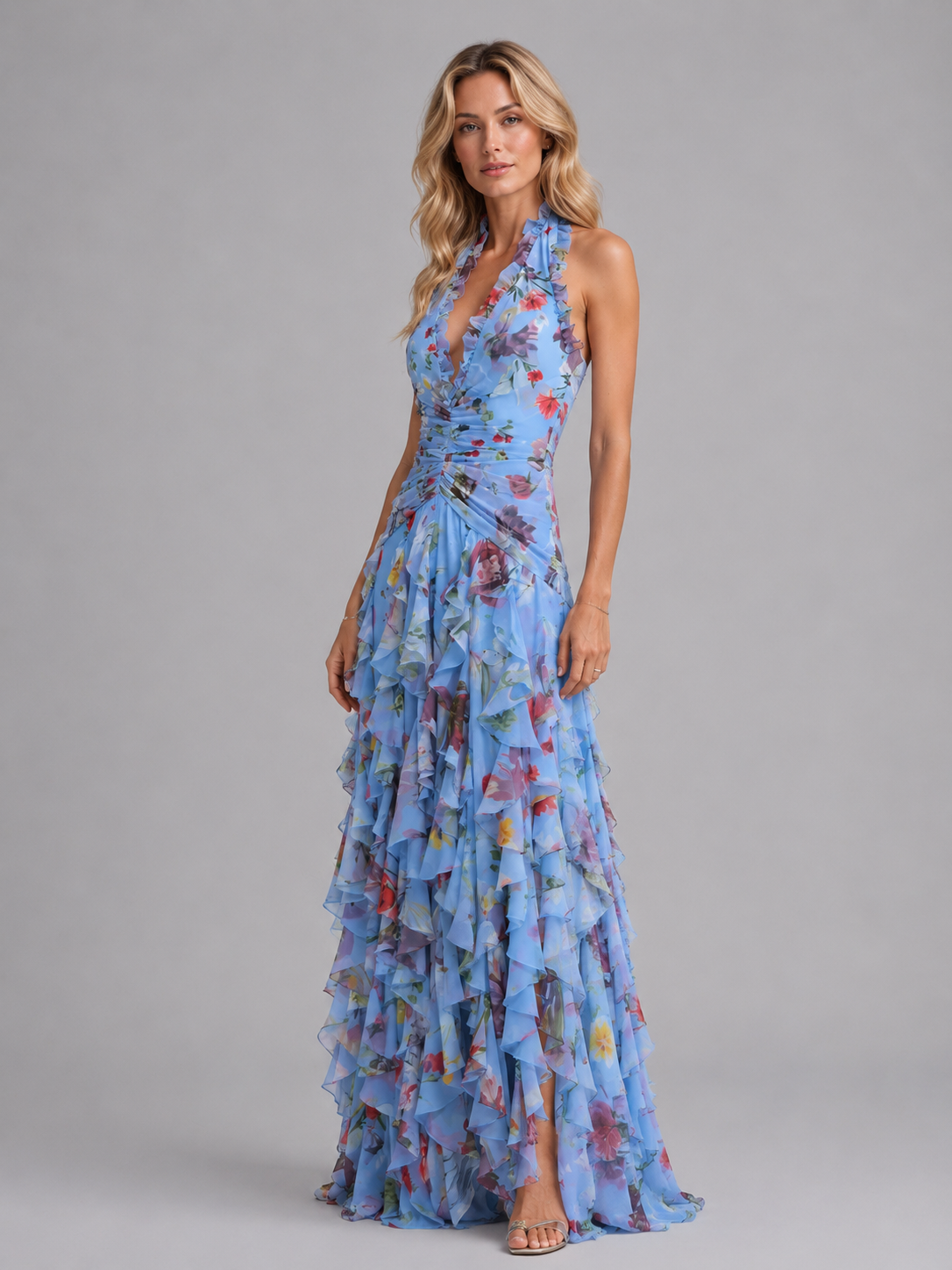 Halter Maxi Dress with Floral Print