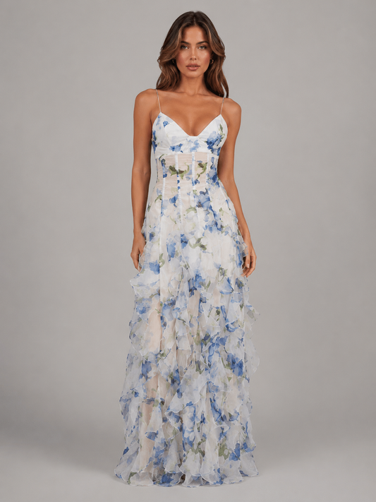Chiffon Floral Maxi Dress with Ruffle Skirt