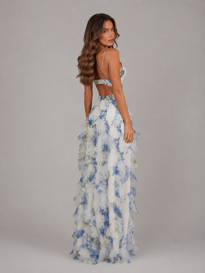 Chiffon Floral Maxi Dress with Ruffle Skirt
