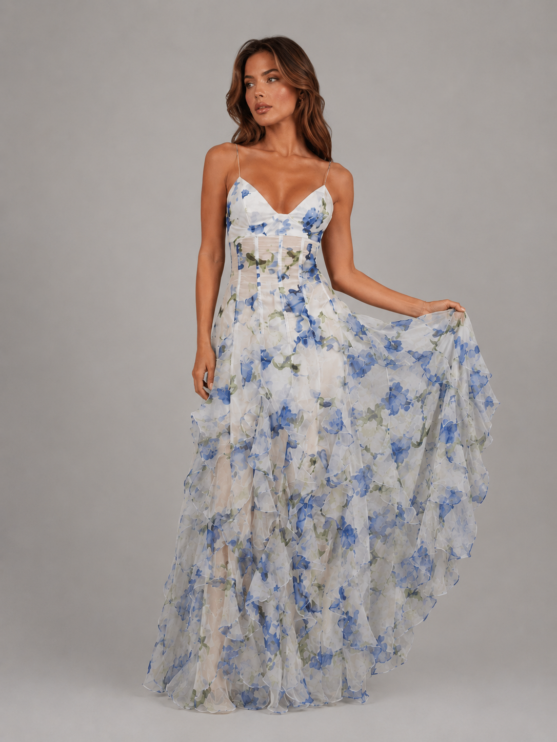 Chiffon Floral Maxi Dress with Ruffle Skirt