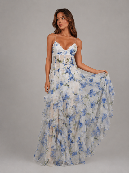 Chiffon Floral Maxi Dress with Ruffle Skirt