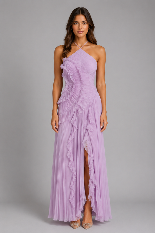 Pleated Halter Maxi Dress with Ruffles