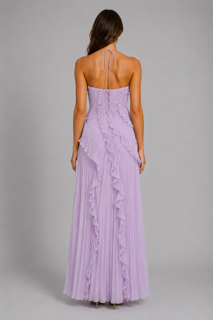 Pleated Halter Maxi Dress with Ruffles