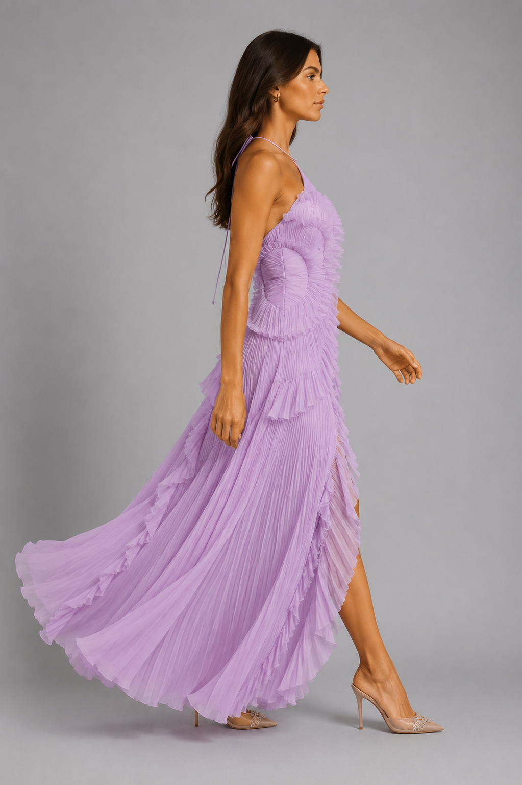 Pleated Halter Maxi Dress with Ruffles