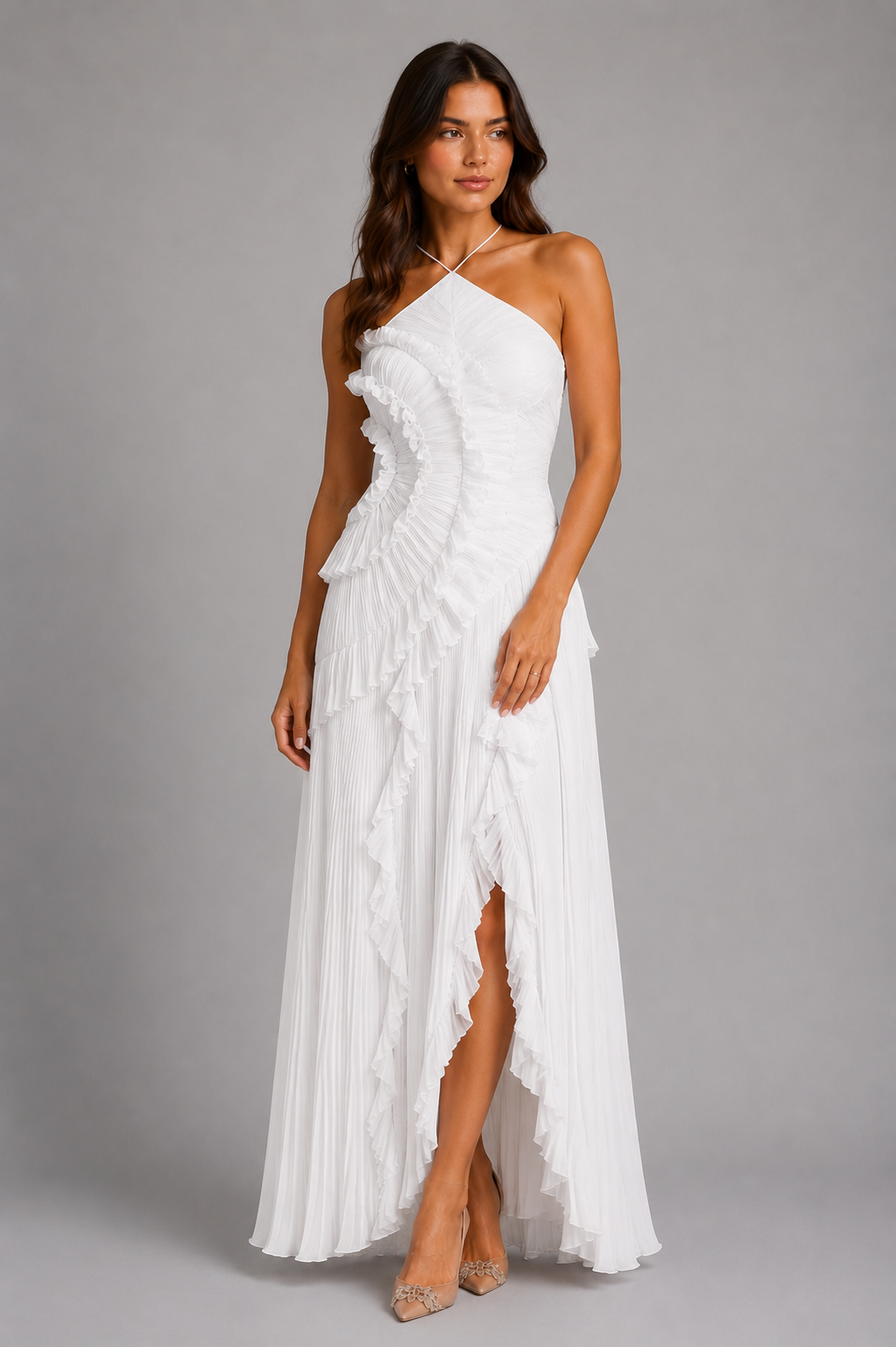 Pleated Halter Maxi Dress with Ruffles
