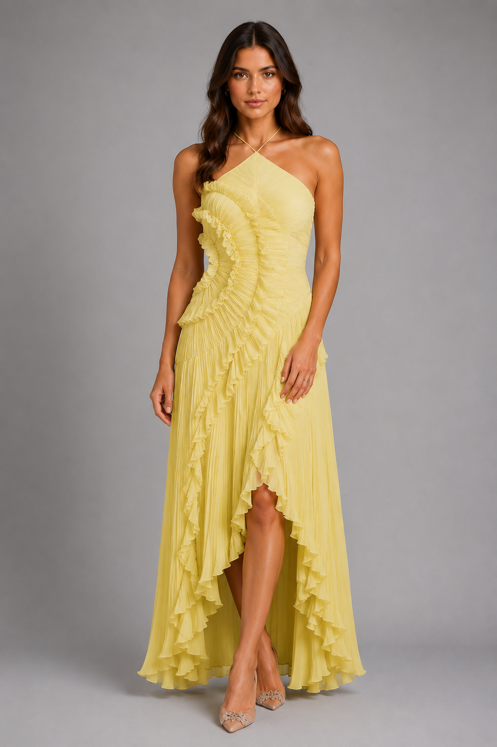 Pleated Halter Maxi Dress with Ruffles