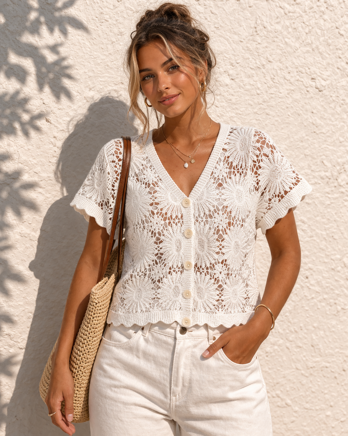 Knit Floral Fitted Short Sleeve Top for Women