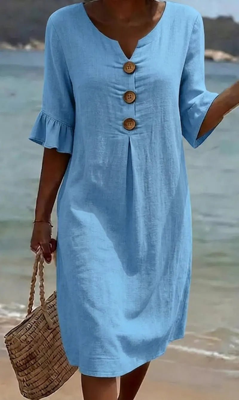 Linen midi dress button-front relaxed fit for women