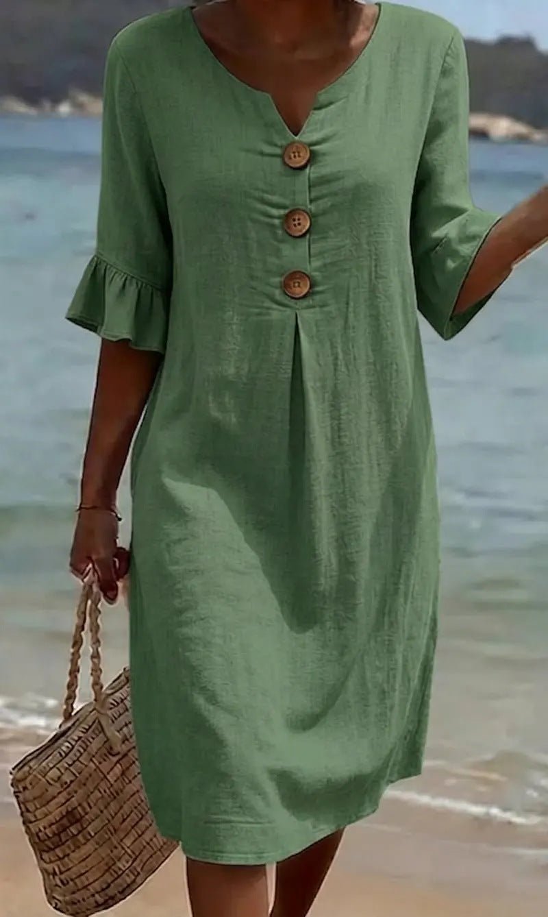 Linen midi dress button-front relaxed fit for women