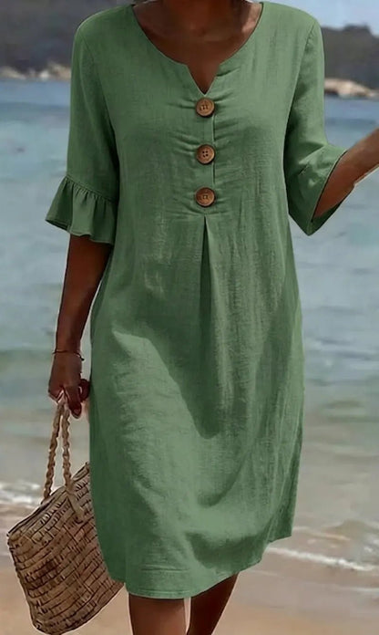 Linen midi dress button-front relaxed fit for women