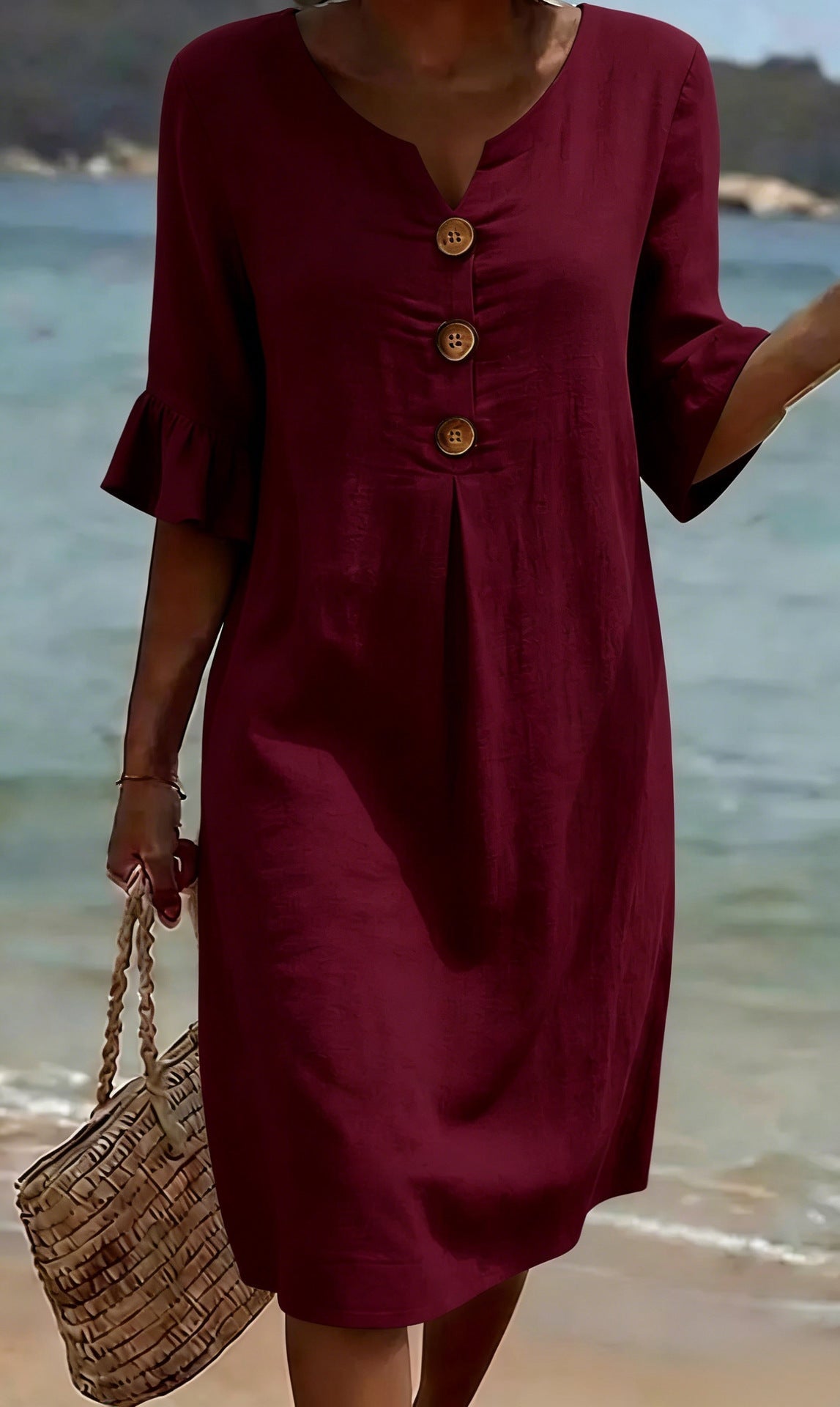 Linen midi dress button-front relaxed fit for women