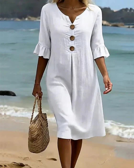 Linen midi dress button-front relaxed fit for women