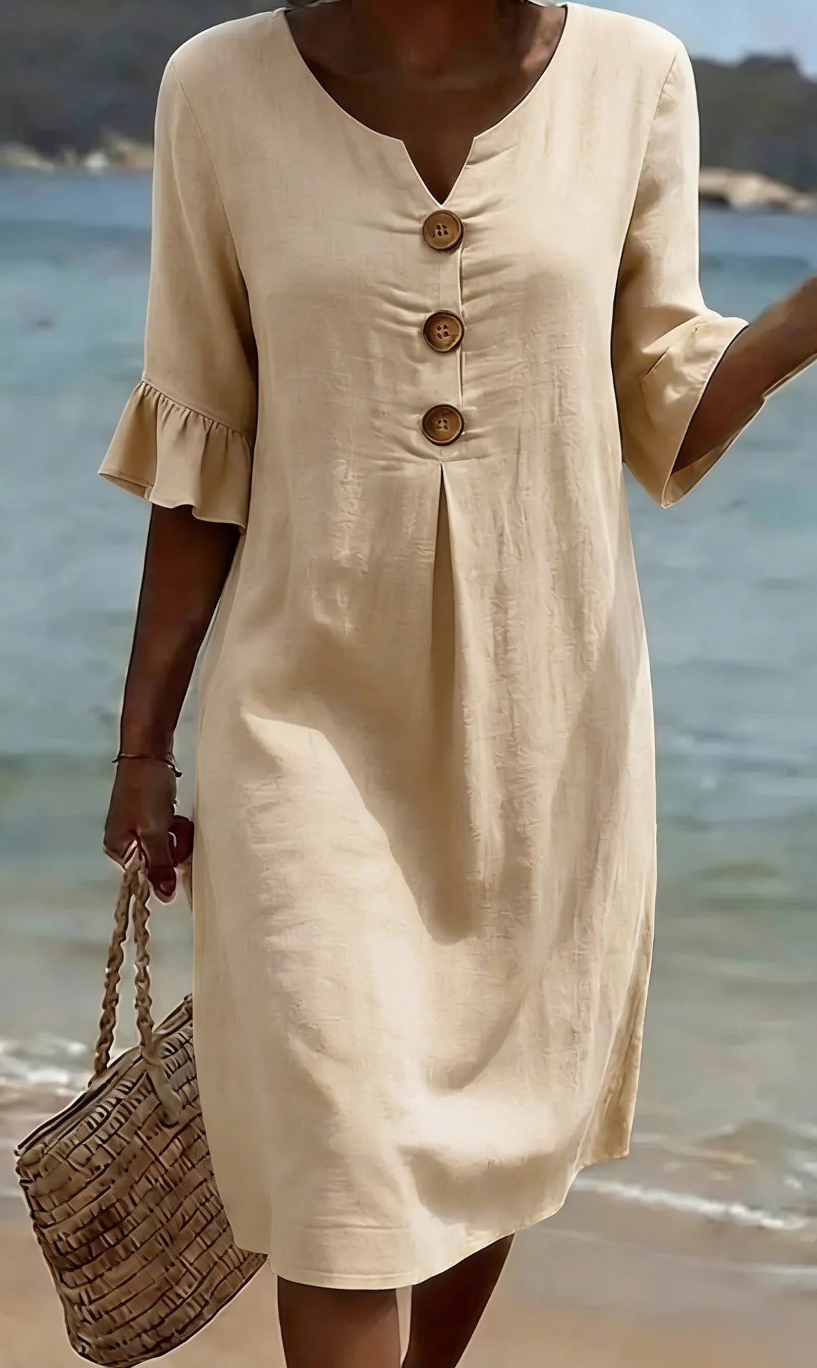 Linen midi dress button-front relaxed fit for women