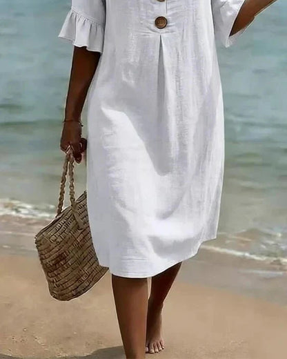 Linen midi dress button-front relaxed fit for women