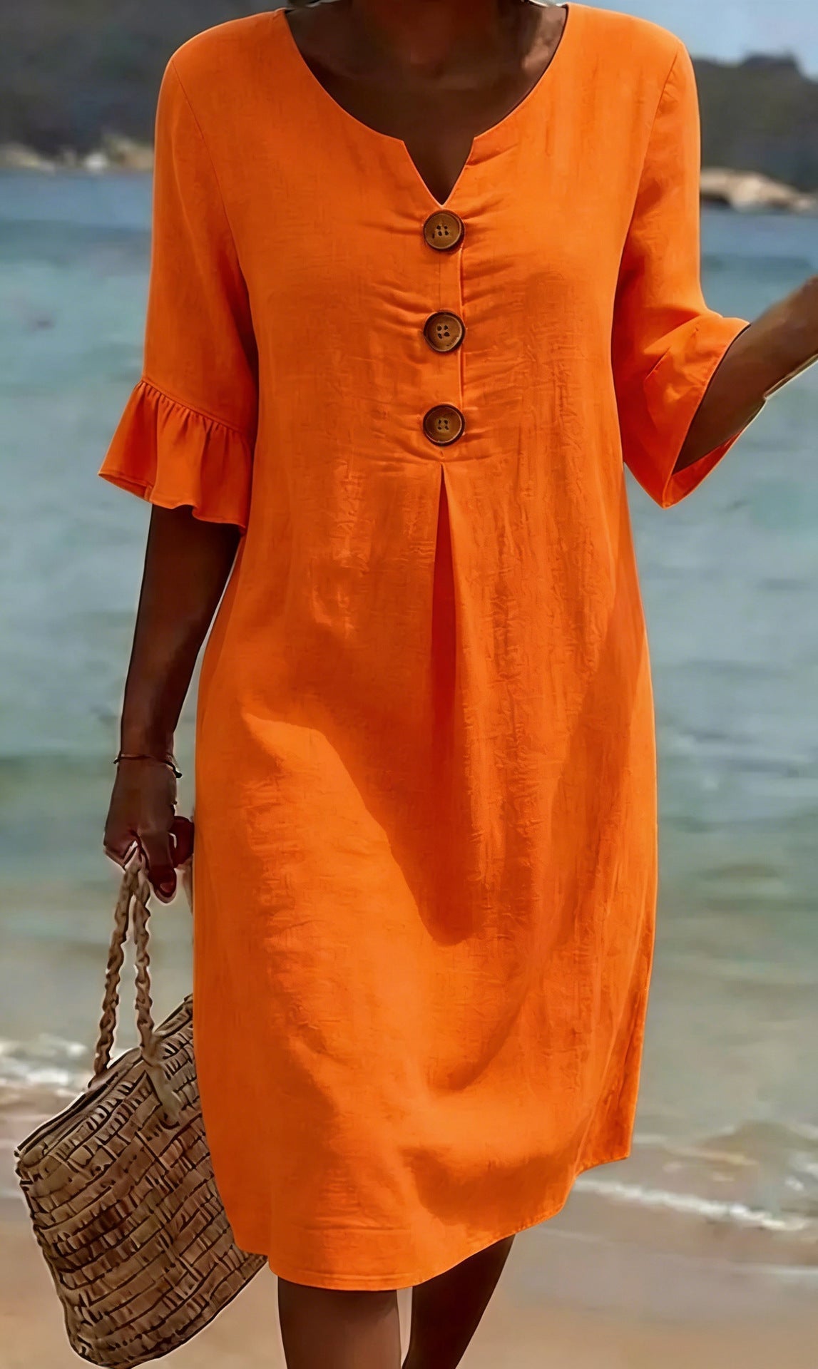 Linen midi dress button-front relaxed fit for women