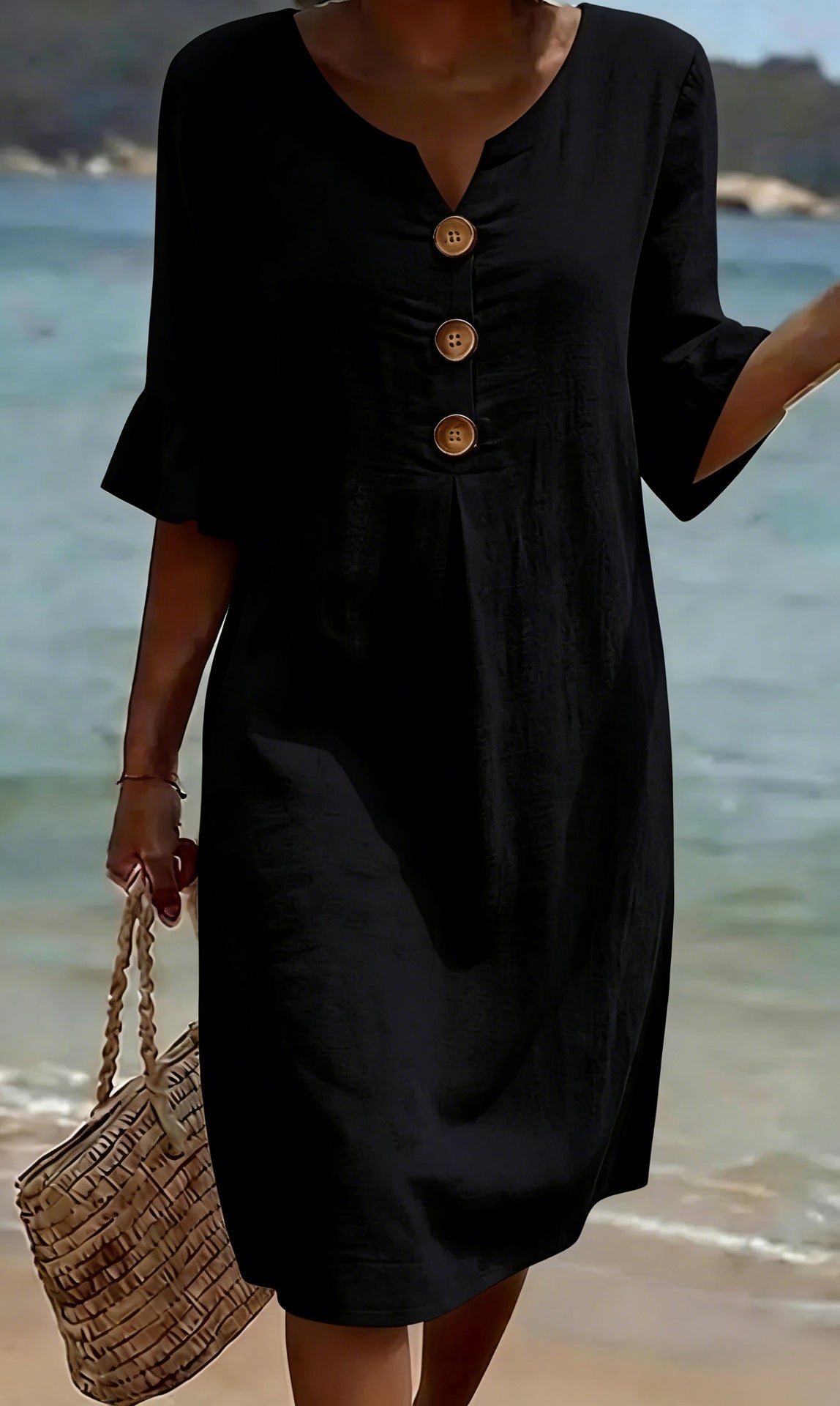Linen midi dress button-front relaxed fit for women