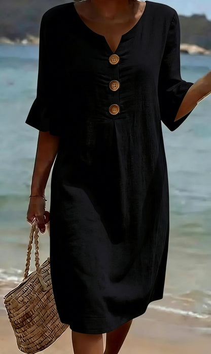 Linen midi dress button-front relaxed fit for women