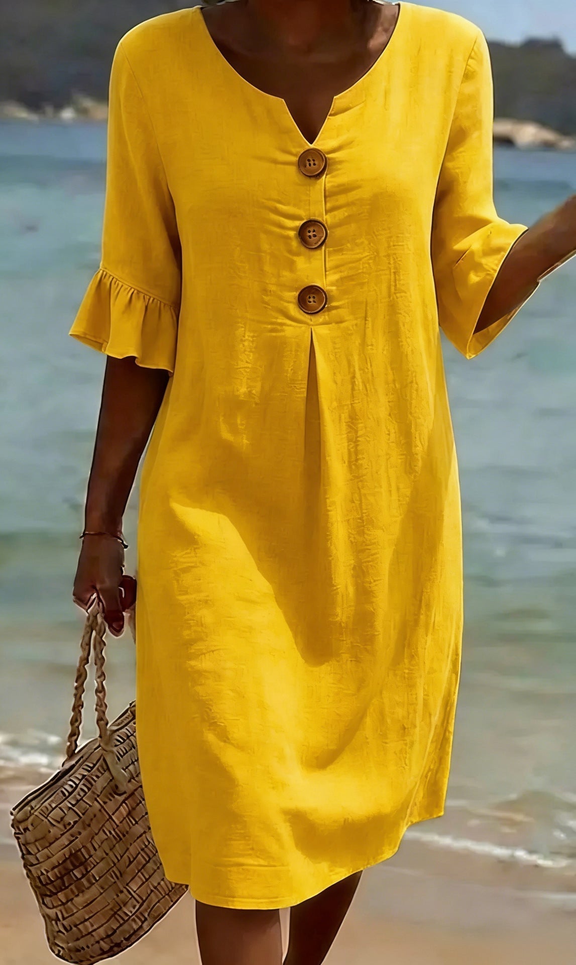 Linen midi dress button-front relaxed fit for women