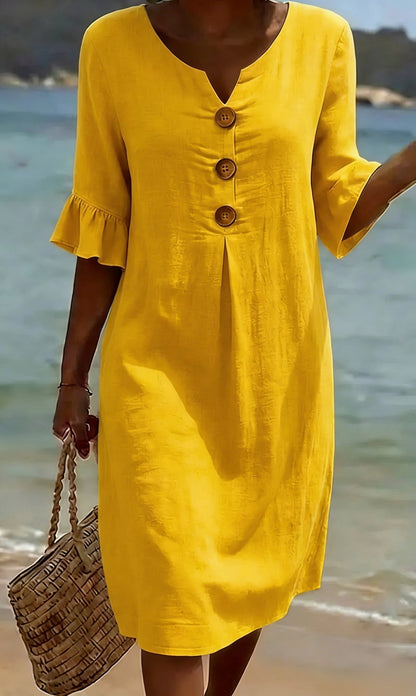 Linen midi dress button-front relaxed fit for women