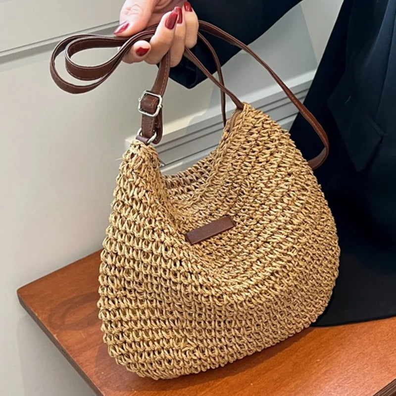 Woven Shoulder Bag with Adjustable Strap and Zip Closure for women