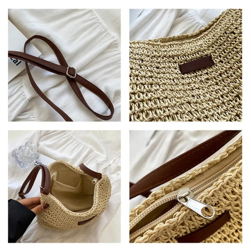 Woven Shoulder Bag with Adjustable Strap and Zip Closure for women