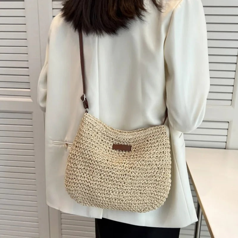 Woven Shoulder Bag with Adjustable Strap and Zip Closure for women