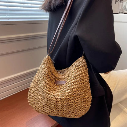 Woven Shoulder Bag with Adjustable Strap and Zip Closure for women