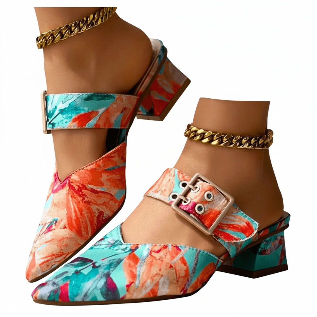 Block Heel Court Shoes with Floral Print and Ankle Strap for Women
