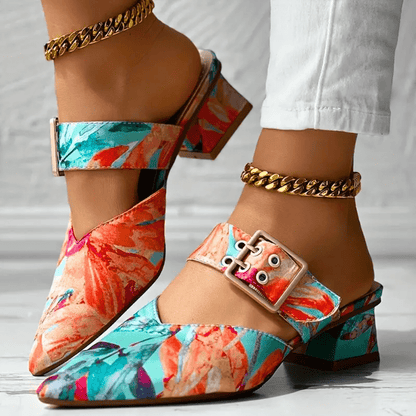Block Heel Court Shoes with Floral Print and Ankle Strap for Women