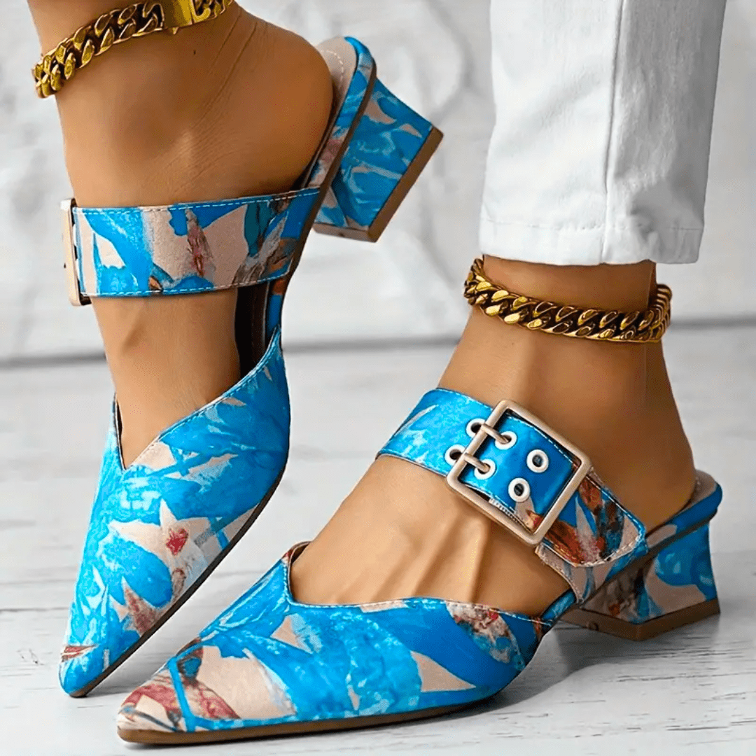 Block Heel Court Shoes with Floral Print and Ankle Strap for Women