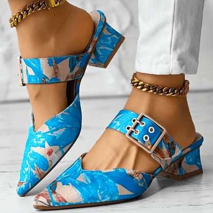 Block Heel Court Shoes with Floral Print and Ankle Strap for Women