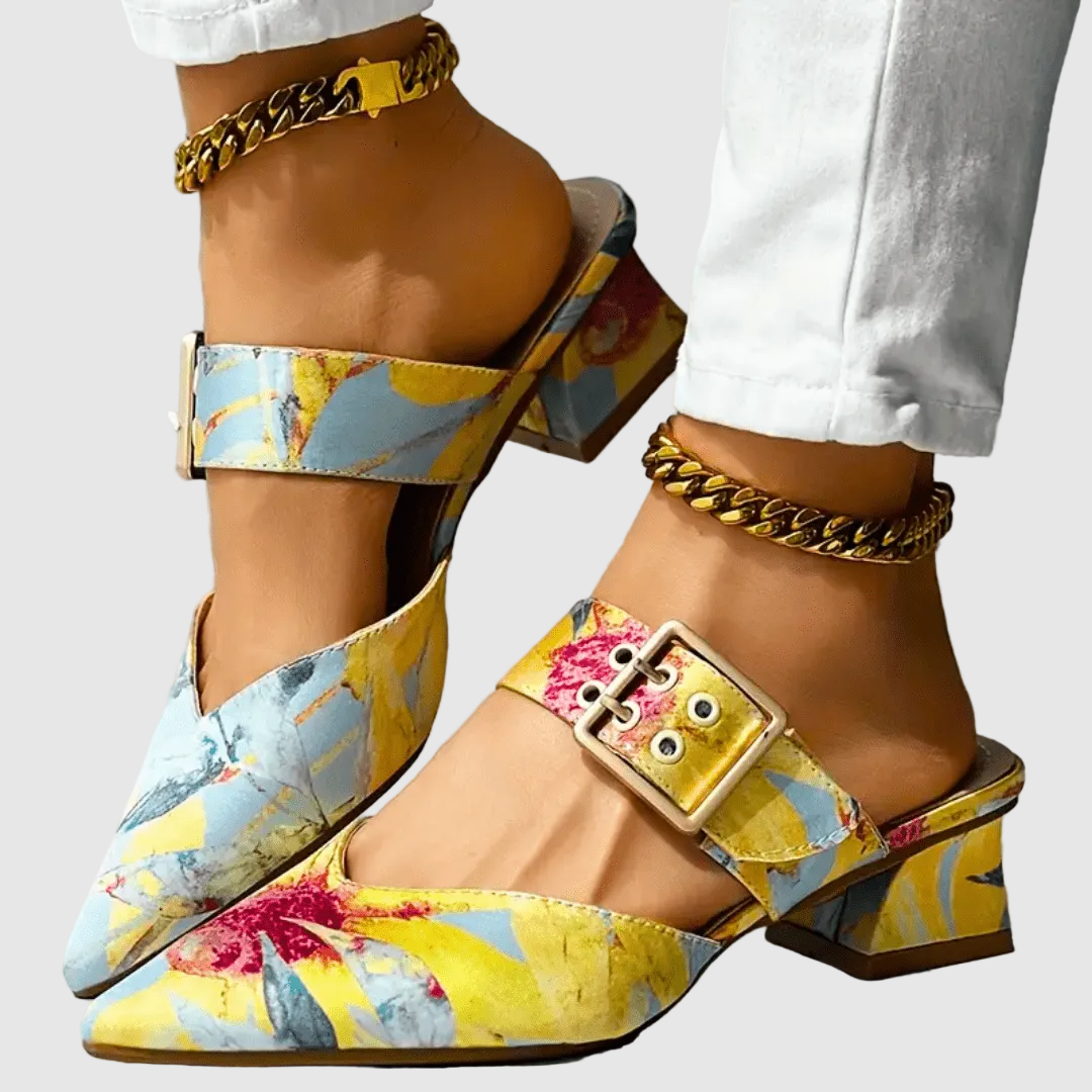 Block Heel Court Shoes with Floral Print and Ankle Strap for Women